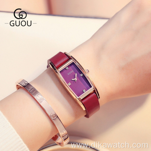 GUOU Square Watch Ladies Waterproof Wristwatches Rhinestone Quartz Watches for Women Fashion Leather Strap Rectangle Dial Female